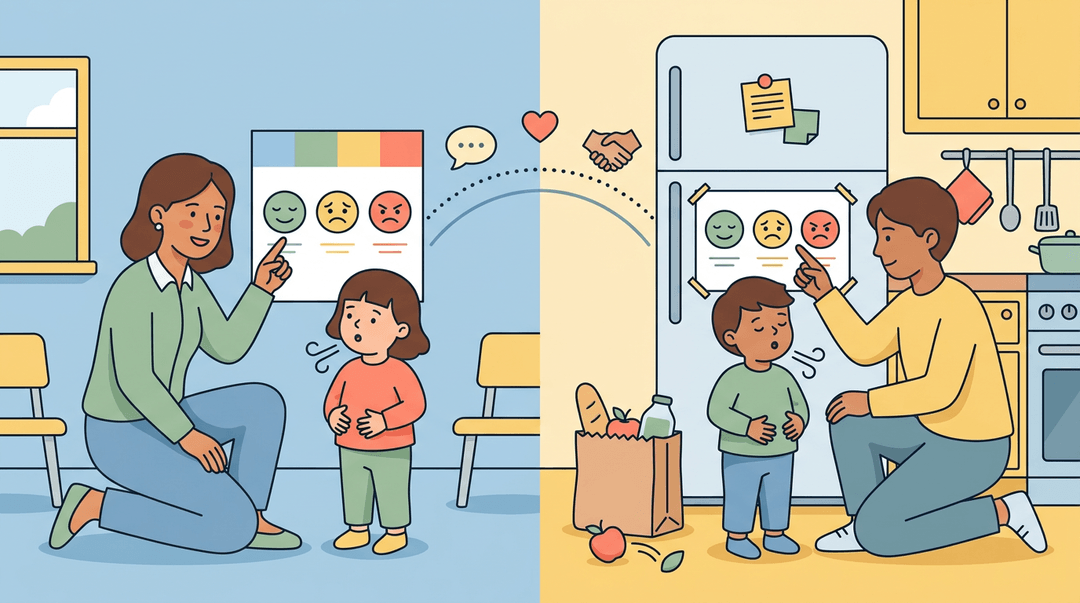 A split image shows a teacher and parent, in school and at home, both teaching a child deep breathing using an emotions chart.