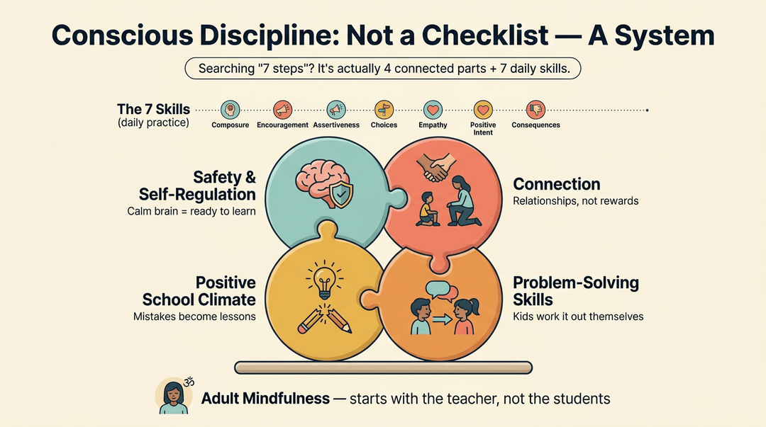 An infographic illustrates Conscious Discipline as a system, featuring four interconnected parts resting on adult mindfulness, supporting seven daily skills.