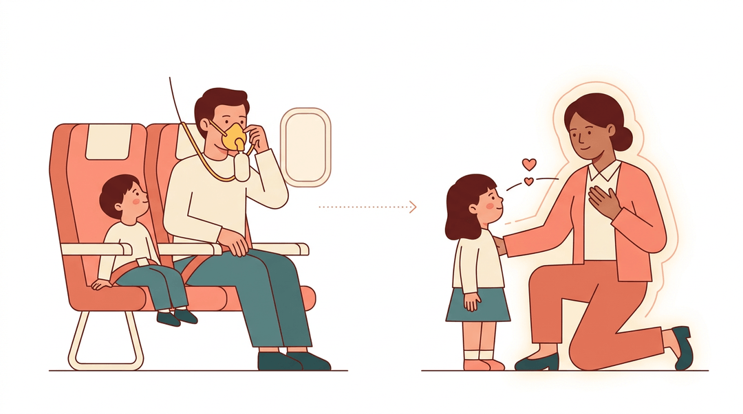 An airplane passenger secures an oxygen mask, mirrored by a teacher calmly connecting with a student.