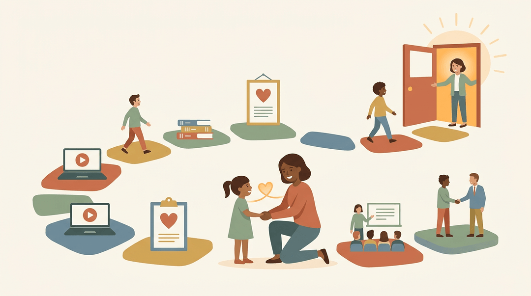 Diverse teachers path to a glowing schoolhouse door; one kneels with a child, embodying connection.