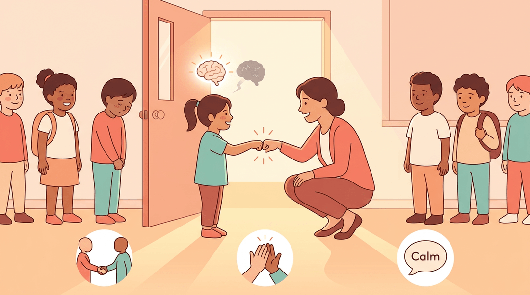 A teacher and student fist-bump at a classroom door, with glowing brain icons symbolizing calm and readiness.
