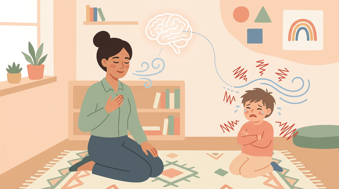 A teacher kneels with a distressed student, modeling self-regulation by taking a visible deep breath to share calm.