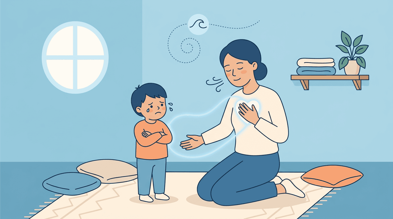 A teacher kneels to connect with an upset child in a calming classroom corner, illustrating empathy and steadying breath.