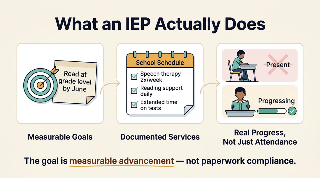 Three infographic panels illustrate how an IEP sets measurable goals, documents services, and leads to student progress, not just attendance.