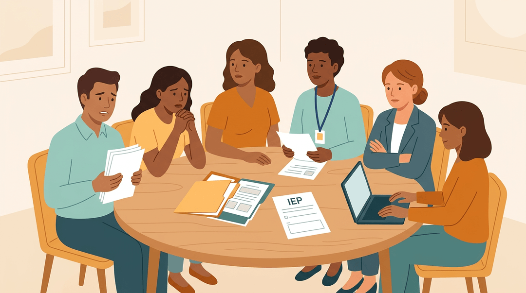 Diverse adults, including parents, teachers, and administrators, sit around a table with IEP documents.