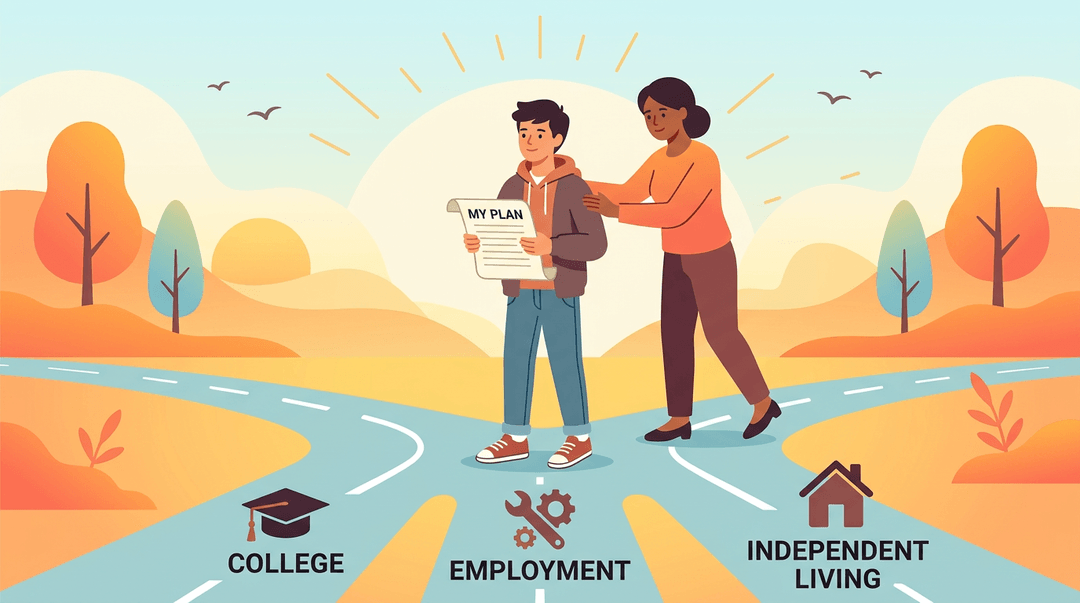 A teenager stands confidently at a three-way path to college, employment, or independent living, holding