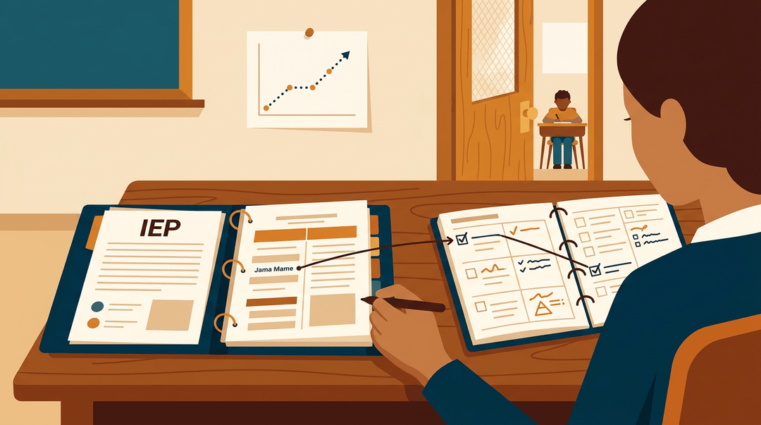 A teacher connects an IEP goal to a lesson plan, with a progress chart on the wall and a student visible through an open door.