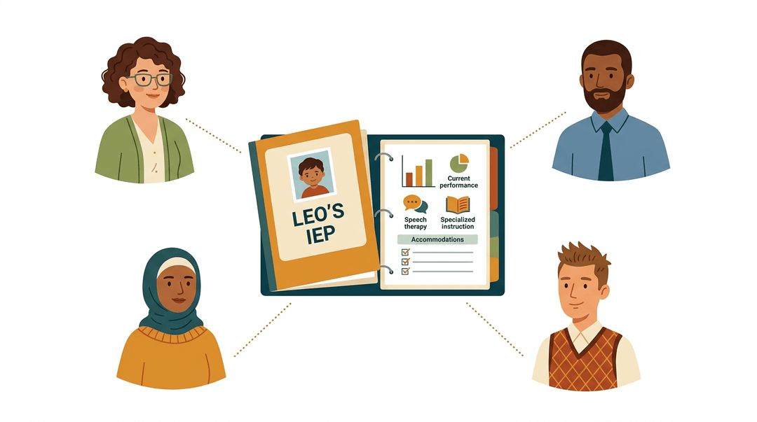 An open binder for a single student, displaying performance data, services, and accommodations, is surrounded by teachers connected to it by dotted lines.