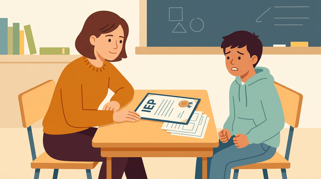 A teacher and student sit at a desk with an IEP document between them, the teacher supportive and the student overwhelmed.