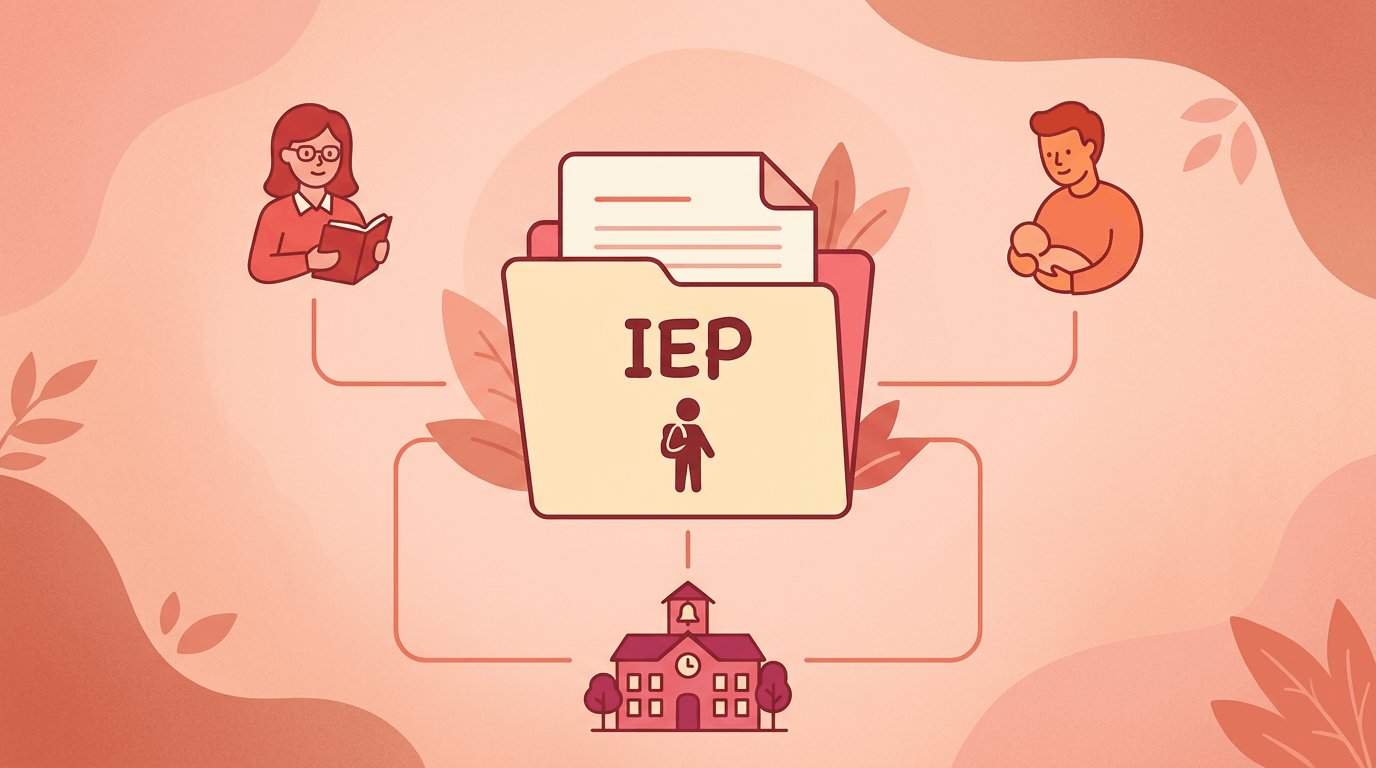 An open folder labeled "IEP" connected by lines to icons of a teacher, parent, student, and school.