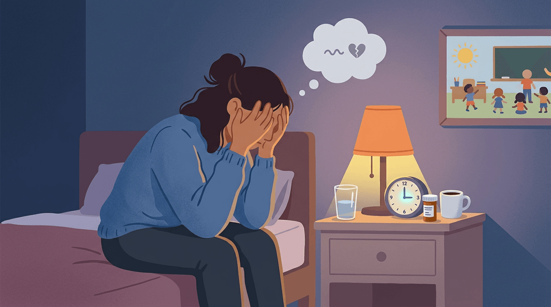 An exhausted teacher sits hunched on a bed at 3 AM, surrounded by cold coffee and pills, with a thought bubble showing distress.