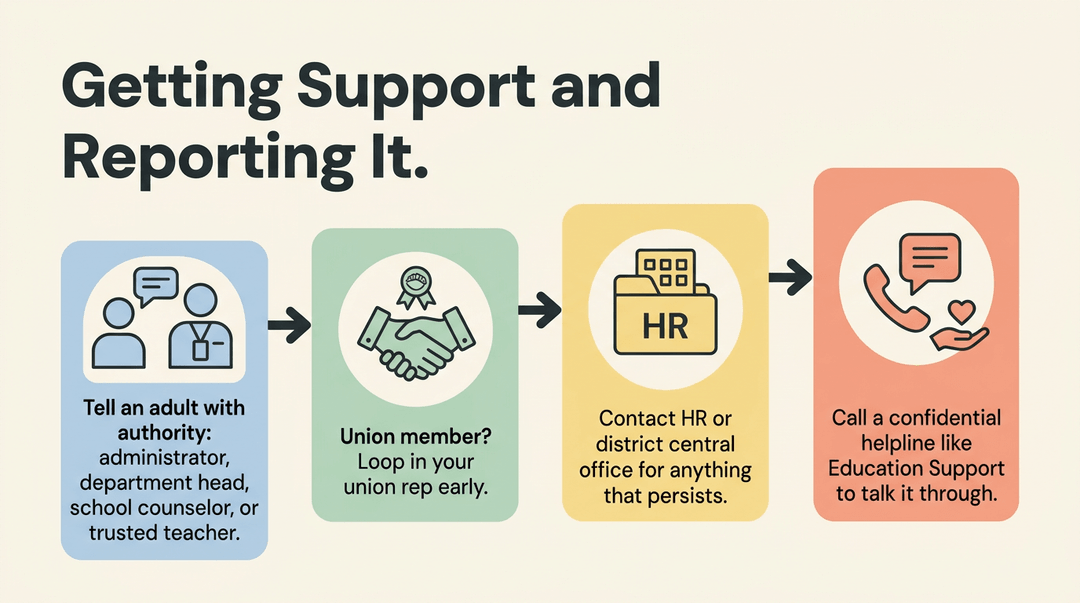 Flowchart showing four steps for getting support: tell an authority, contact union reps, reach HR, or call a helpline.
