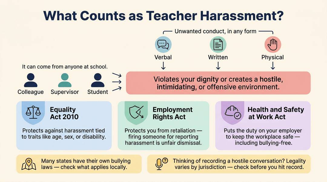 Infographic defining teacher harassment by conduct type and source, outlining legal protections under the Equality Act and other laws.