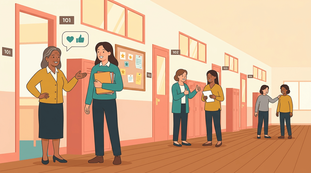 Veteran teacher praises a younger colleague in the hallway, with similar supportive gestures rippling down the corridor behind them.