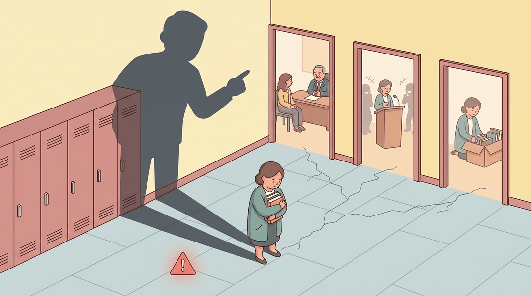 A teacher hunches under a looming shadow in a hallway, with vignettes of isolation and cracks spreading across the floor.