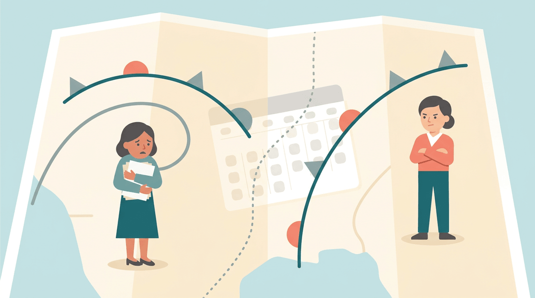 Two teachers stand on converging storm fronts on a map, illustrating the tension of workplace bullying.