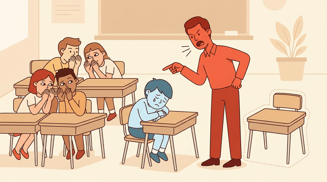 Teacher scolds a distressed student while classmates whisper and one desk sits isolated.