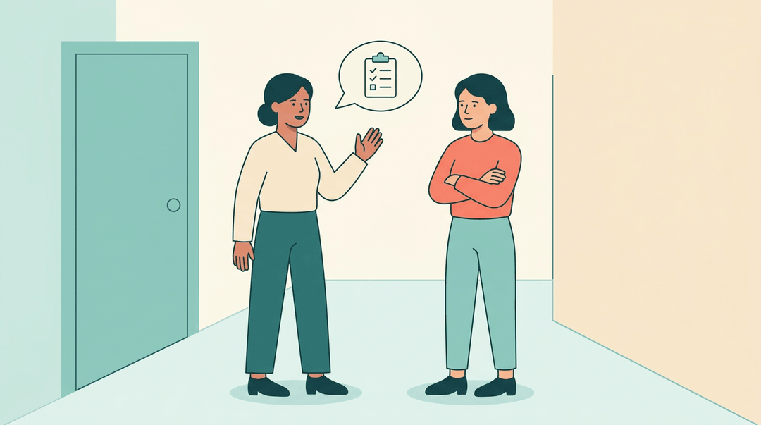 Two adults have a calm, private conversation in a hallway, with one using assertive gestures and the other listening.