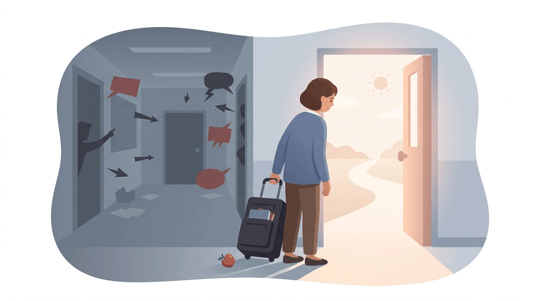 A teacher exits a dark hallway toward bright light, leaving behind symbols of bullying and a dropped apple.