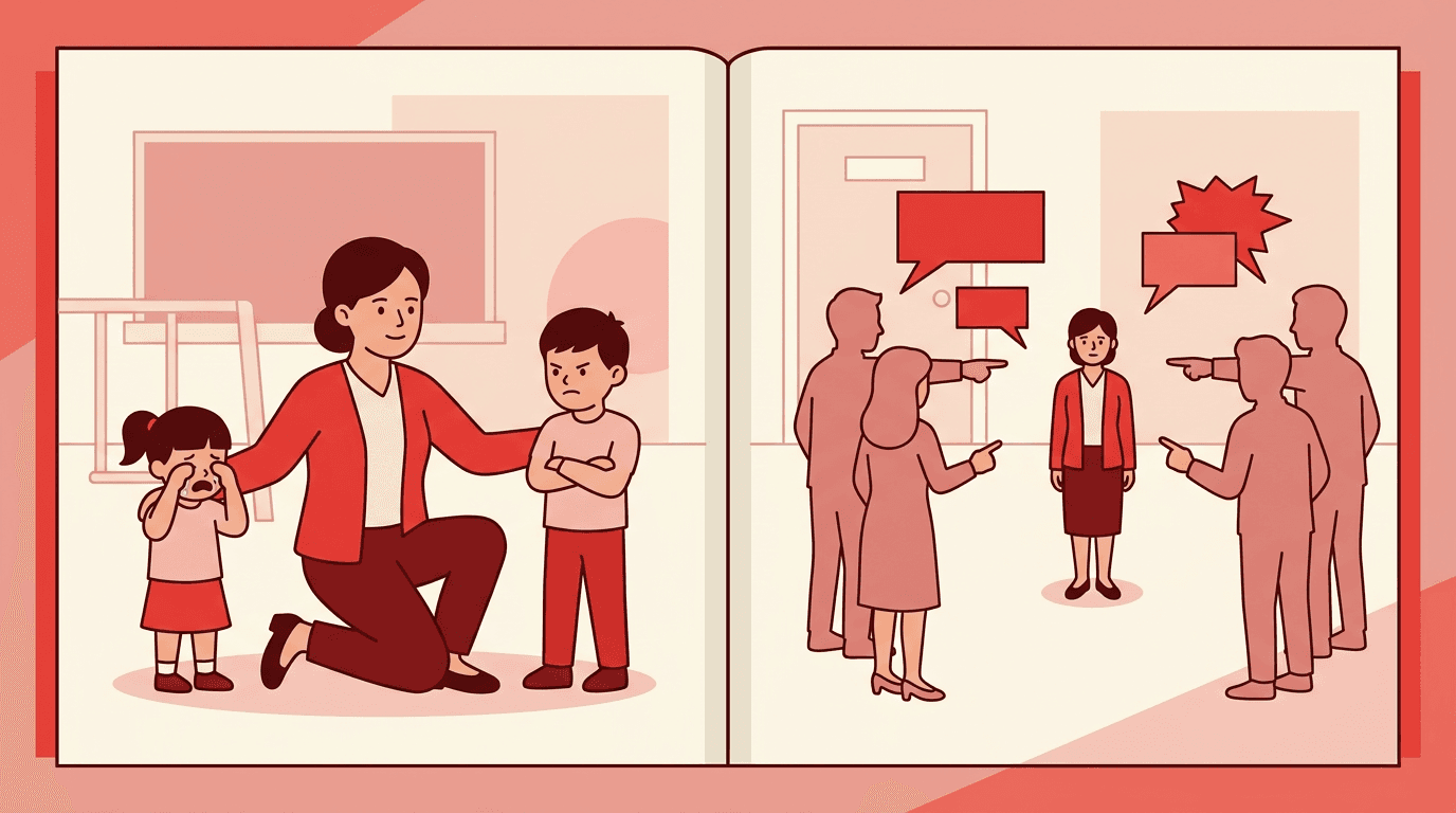 A teacher intervenes in student bullying on the left and faces adult bullying on the right, split by a vertical line.