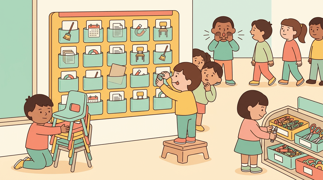 Children perform classroom jobs, with one clipping a magnet to the chart while others tidy supplies and follow instructions.