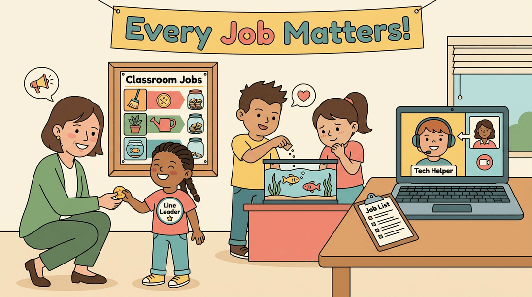 Vector illustration of an elementary classroom where students perform jobs like line leader and tech helper, emphasizing teamwork and inclusion.