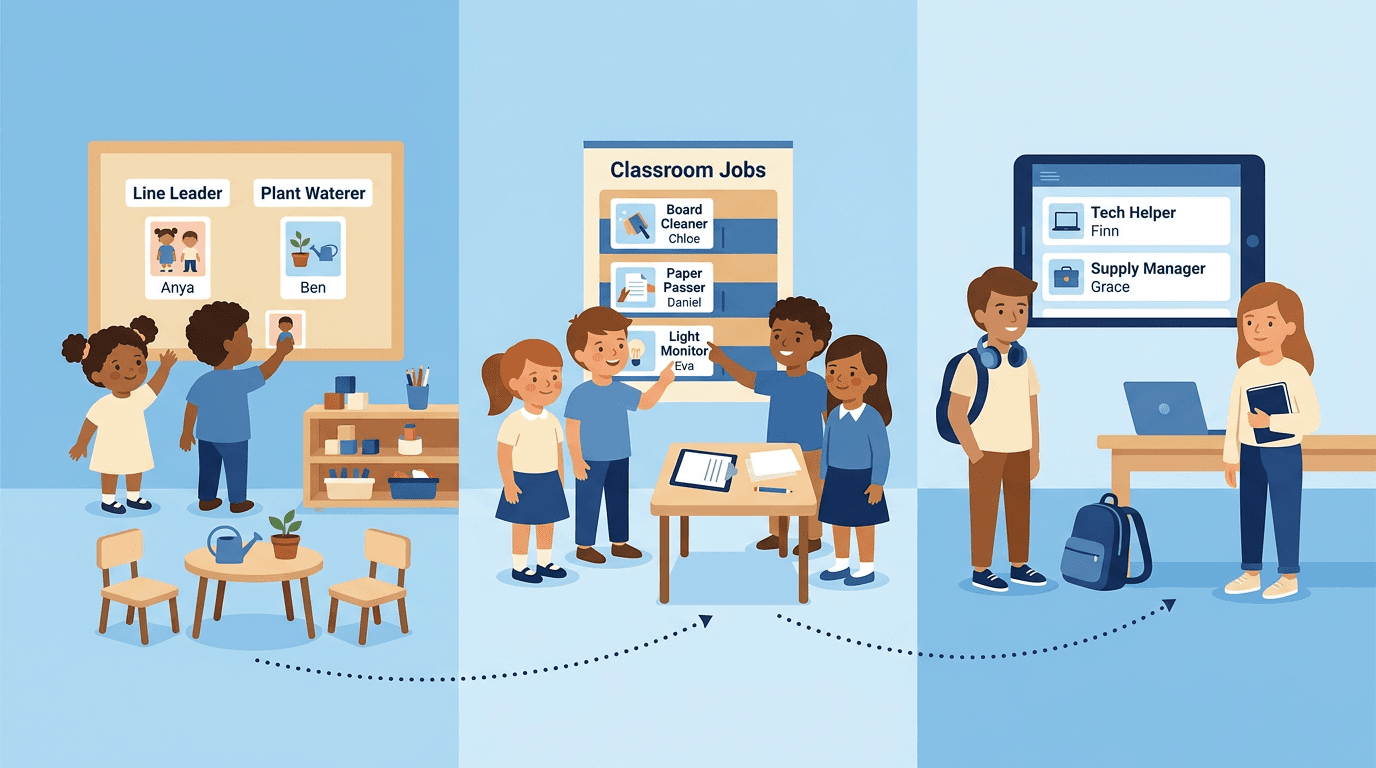 Classroom jobs chart shows preschool, elementary, and middle school setups connected by a dotted path on a blue background.