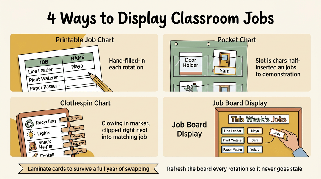 Four methods to display classroom jobs: a printable chart, pocket chart, clothespin board, and magnetic job board with practical tips.