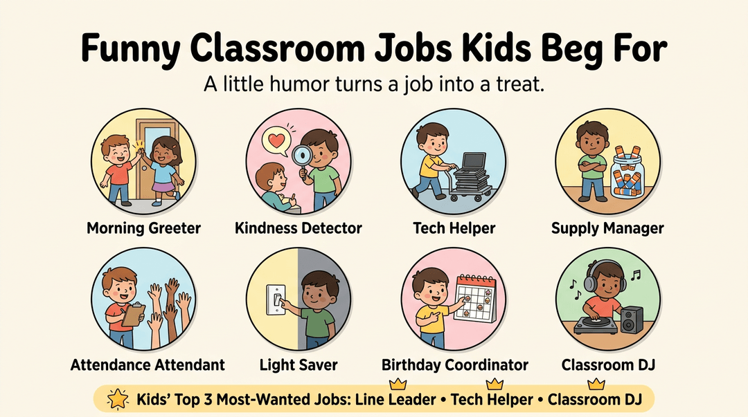 Poster showing eight cartoon badges of funny classroom jobs like Tech Helper and DJ, with a banner highlighting kids' top three most-wanted roles.
