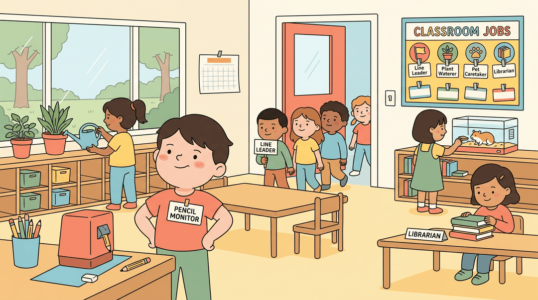 A proud student wearing a 'Pencil Monitor' badge stands in a busy classroom where peers perform various jobs like watering plants and leading lines.