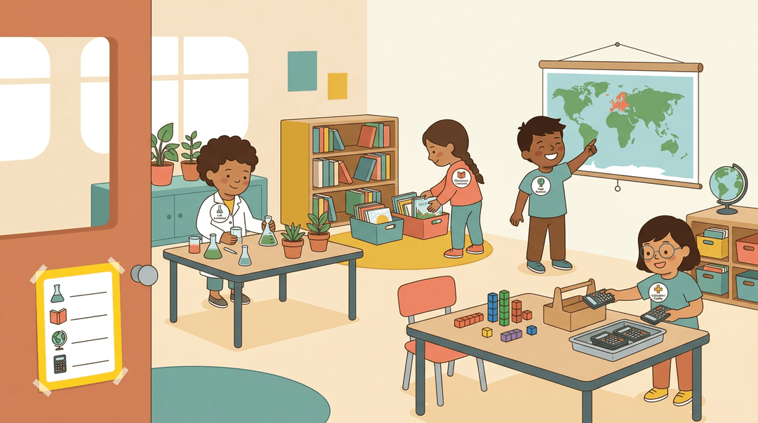 Diverse students in an elementary classroom perform subject-specific jobs like science and reading, identified by badges and a laminated checklist.