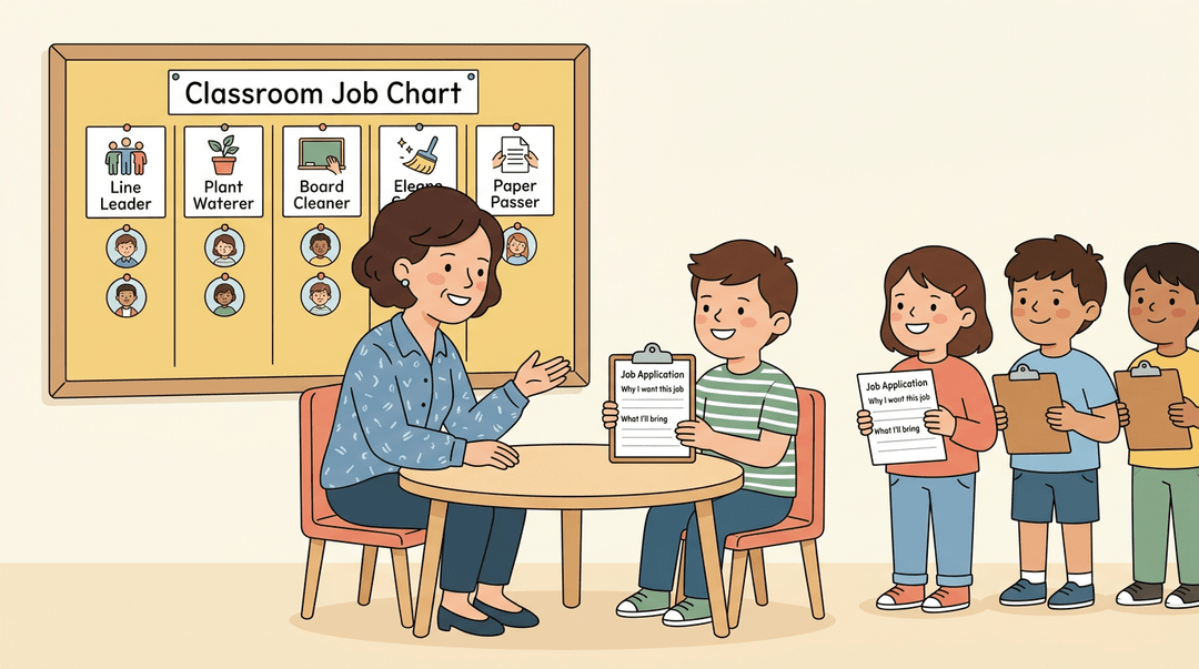 Students interview for classroom jobs like line leader and plant waterer, holding applications while waiting their turn.