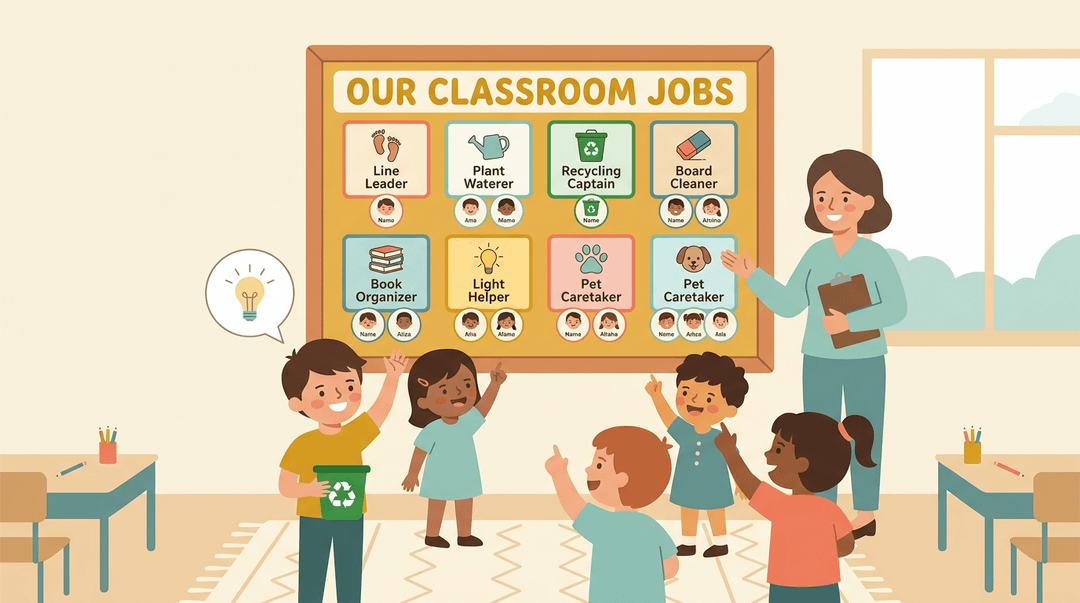 Diverse students and teacher gather around a classroom jobs board, with one boy proudly holding a recycling bin.
