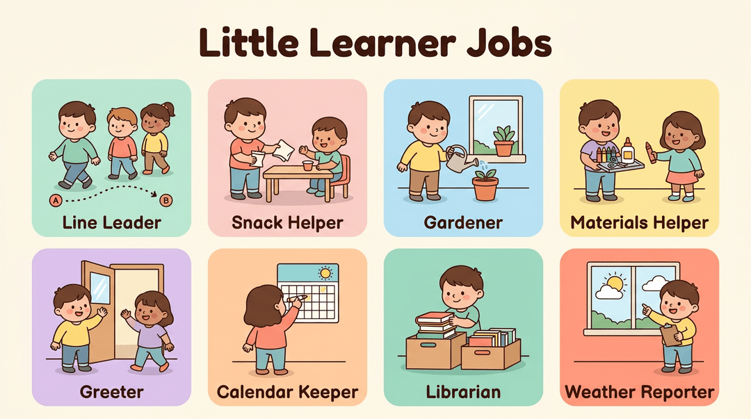 Poster showing eight classroom jobs like Line Leader and Greeter with cute cartoon children performing each task.