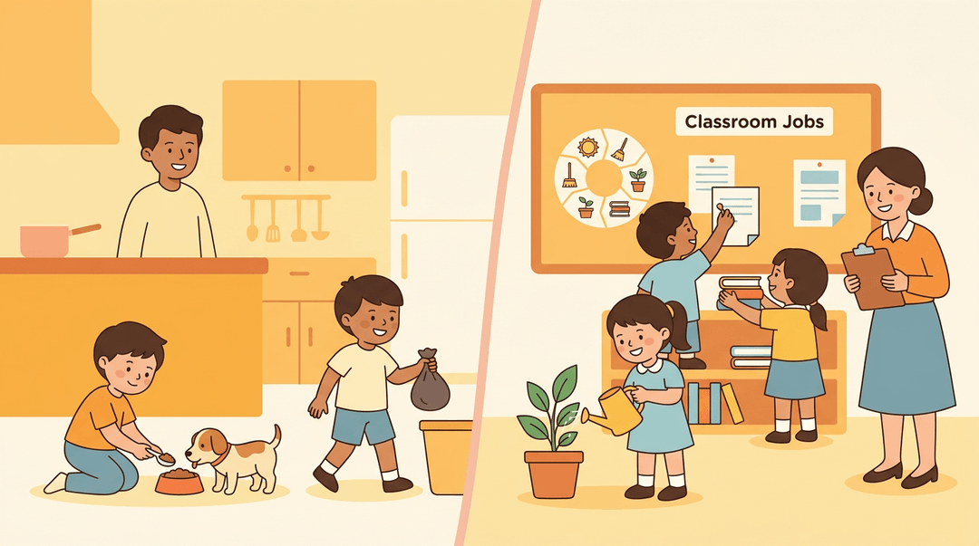 Split scene showing children doing chores at home and in a classroom, highlighting shared responsibilities with warm colors.