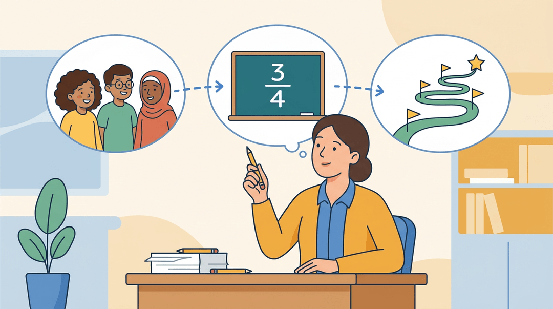 A teacher at a desk looks at three floating thought bubbles: diverse students, a fraction on a chalkboard, and a winding path with checkpoints.