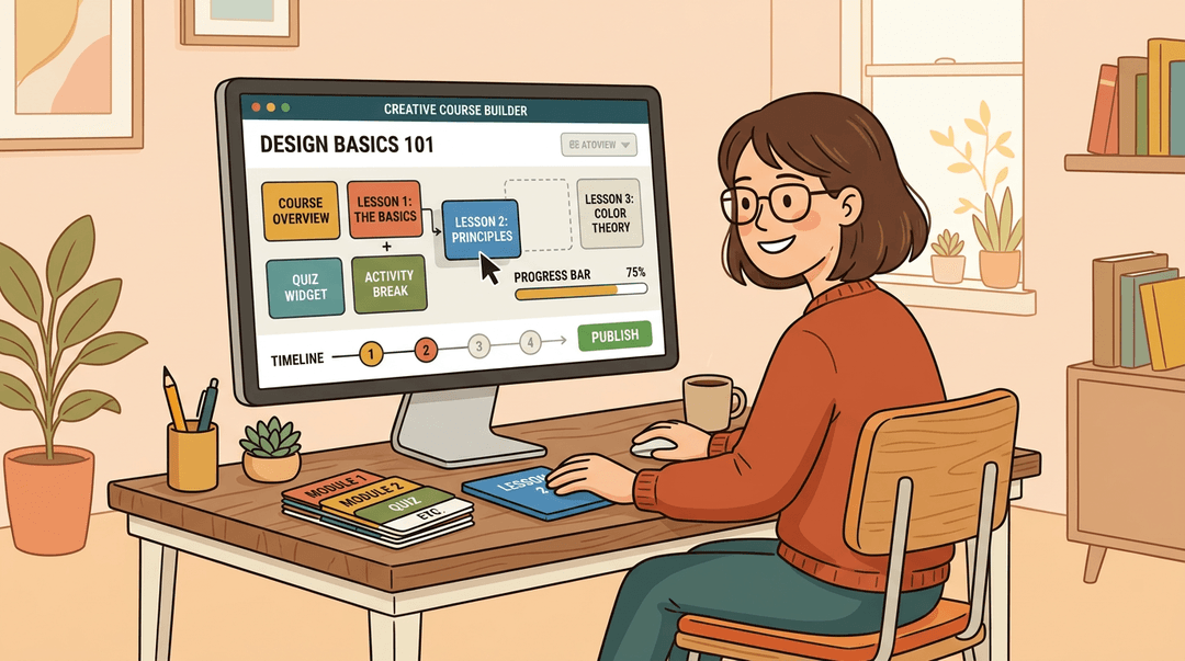 A designer sits at a desk, building a course with colorful drag-and-drop lesson blocks on a large monitor.