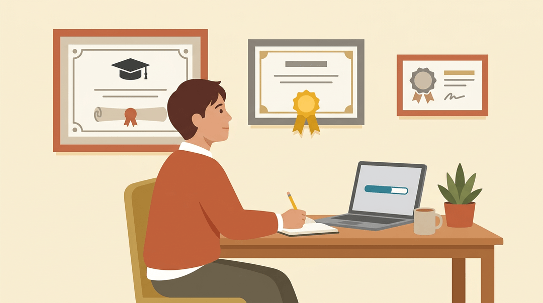 A person at a desk looks thoughtfully at an open notebook while framed credentials on the wall represent career pathways.