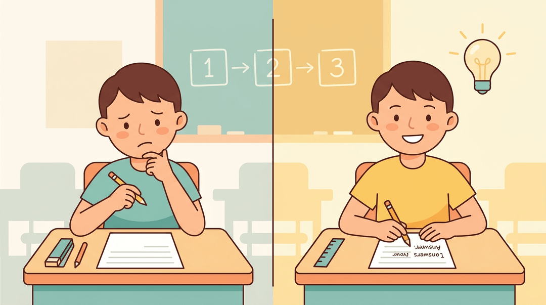 A student's before-and-after expressions show confusion turning into understanding, with a lightbulb moment.