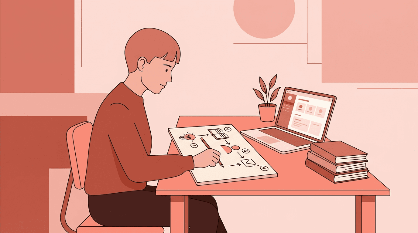 A designer sketches a flowchart with icons for ideas, learning, and completion at a clean desk with a laptop and books.