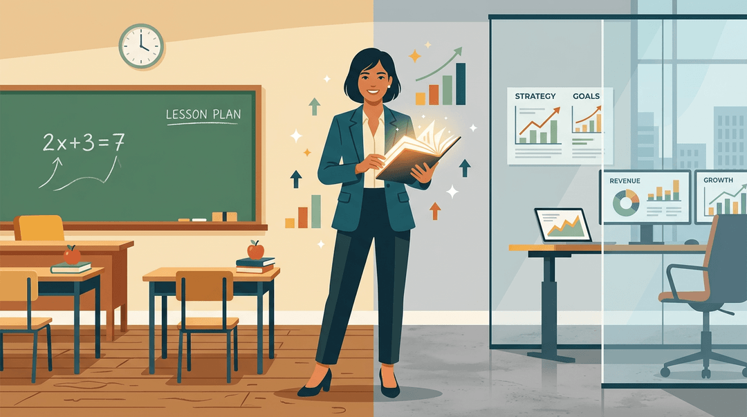 A teacher stands with one foot in a classroom and one in an office, holding a glowing portfolio as career growth symbols float around her.