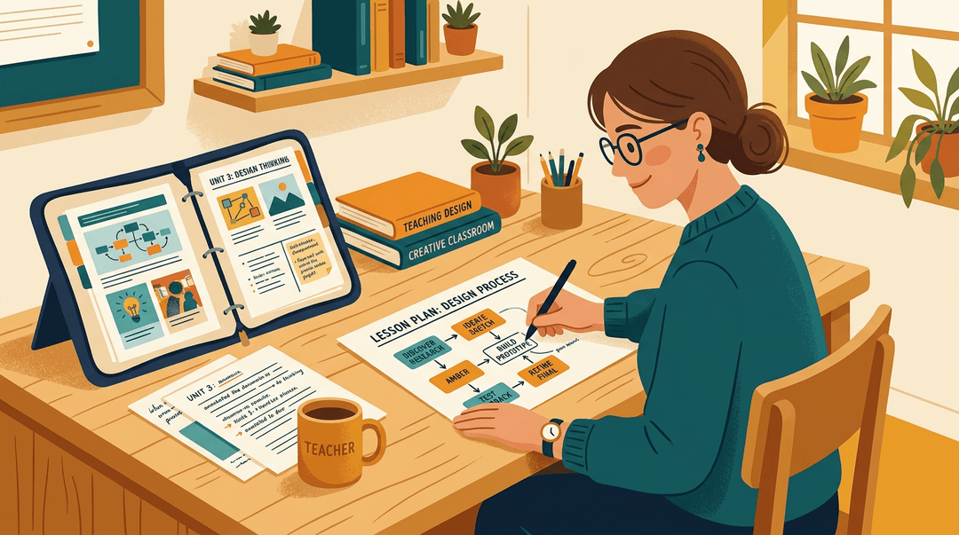 A teacher thoughtfully sketches a lesson plan flowchart at a wooden desk, surrounded by teaching materials.