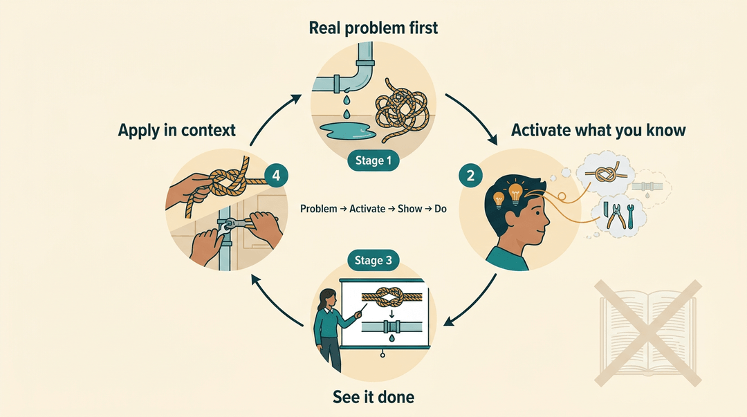 A four-stage learning loop illustrates problem-first learning: Real Problem First, Activate What You Know, See It Done, and Apply in Context.