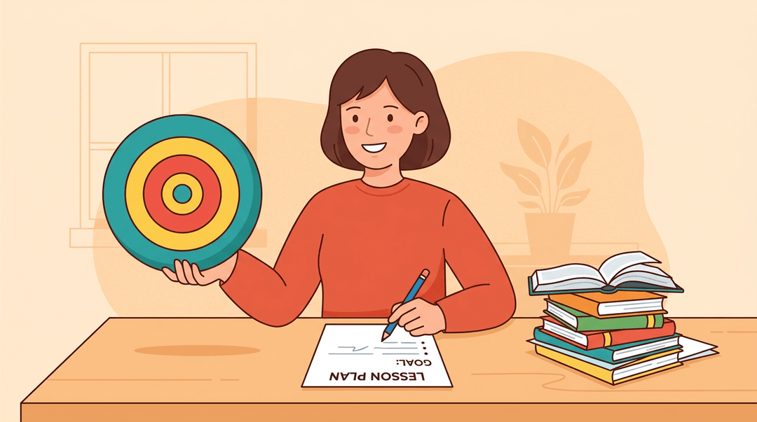 A teacher with a pencil and a bullseye target plans a lesson, emphasizing goal-setting before content.