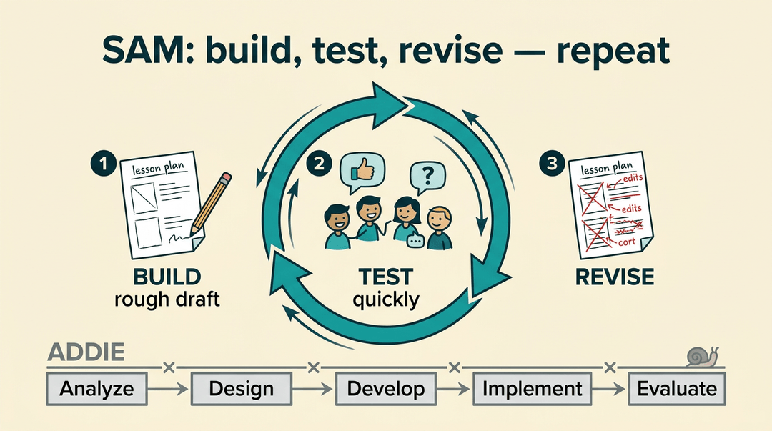 A teal circular diagram shows the iterative SAM model for lesson planning contrasted with a linear, gray ADDIE model below it.