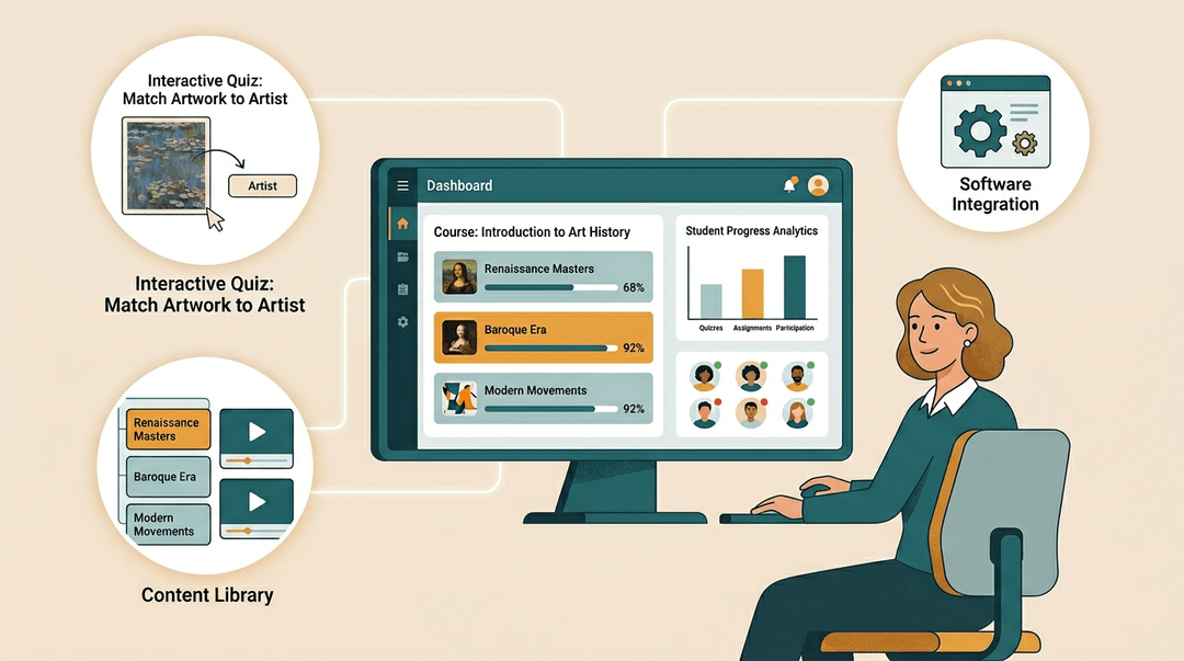 A teacher at a desk oversees a digital learning dashboard with student analytics, interactive quizzes, and content libraries.