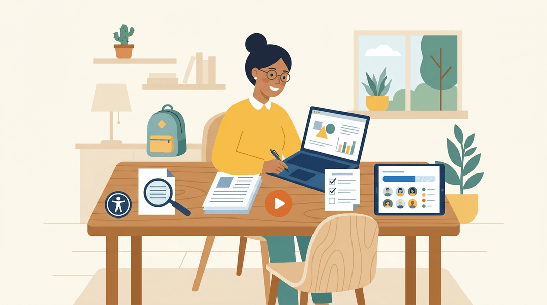 A teacher sits at a desk with organized stacks of course materials, a laptop, a tablet, and quality control symbols.