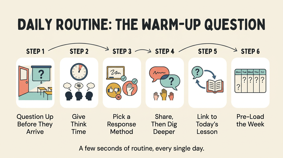 Six-step infographic showing a daily warm-up routine from posting questions to linking them to lessons.