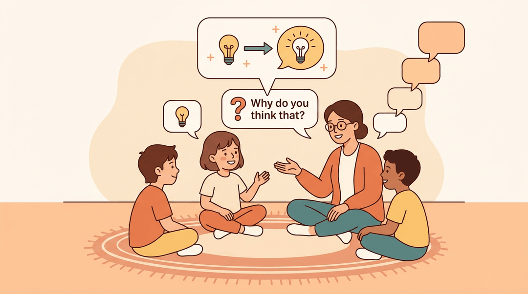 Teacher and students in a circle with ascending speech bubbles showing ideas building on each other.