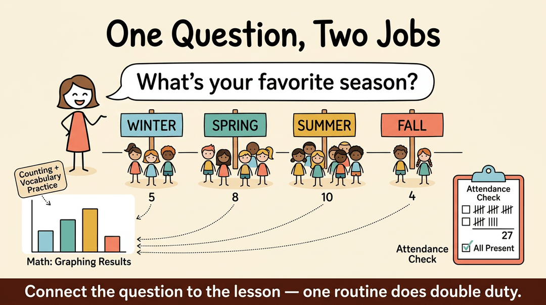 Illustration shows a teacher asking about seasons to group students for math graphing and attendance tracking.